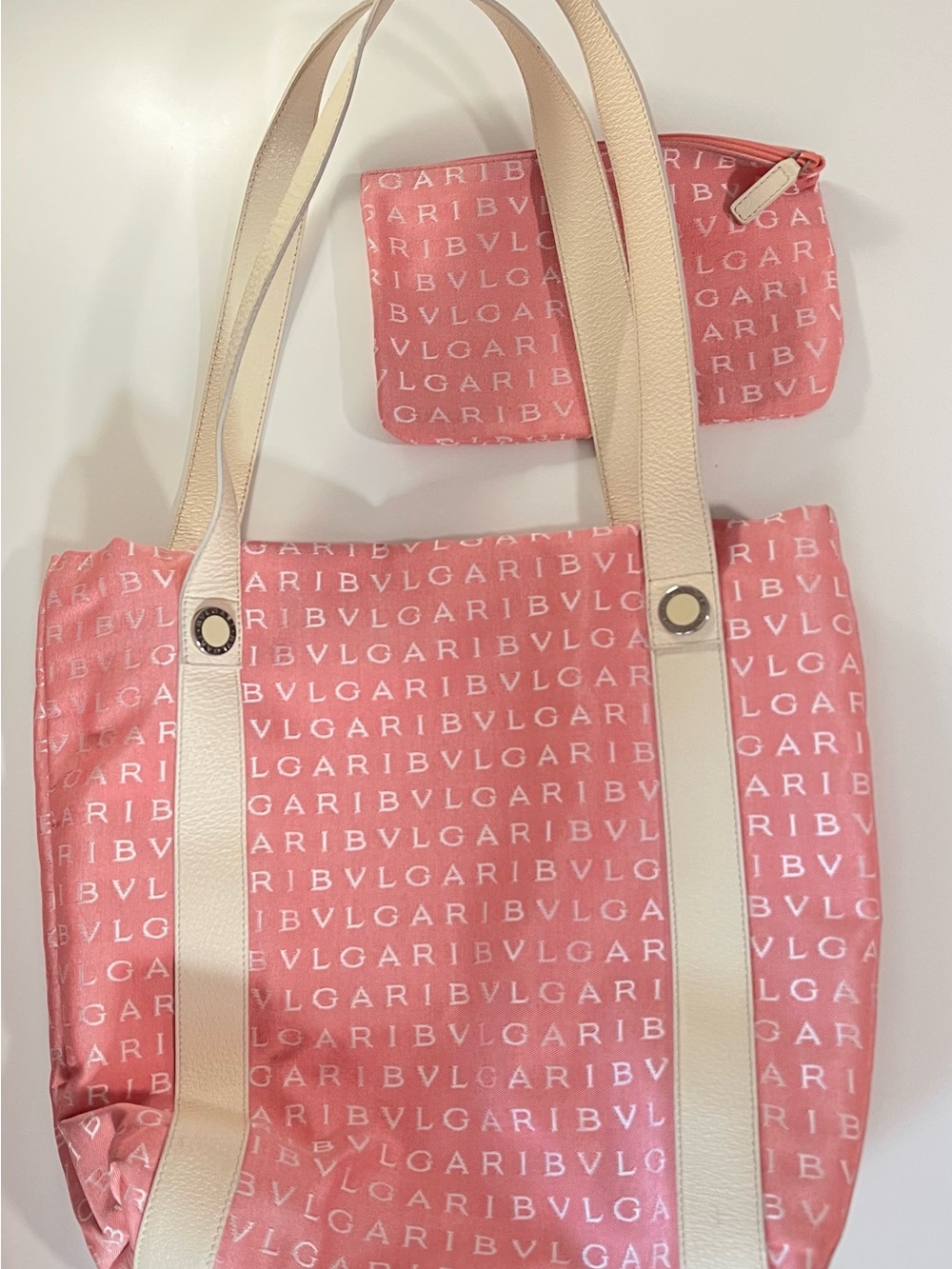 Bulgari Pink Logo Canvas Tote with Cream Leather Straps and Pouch
